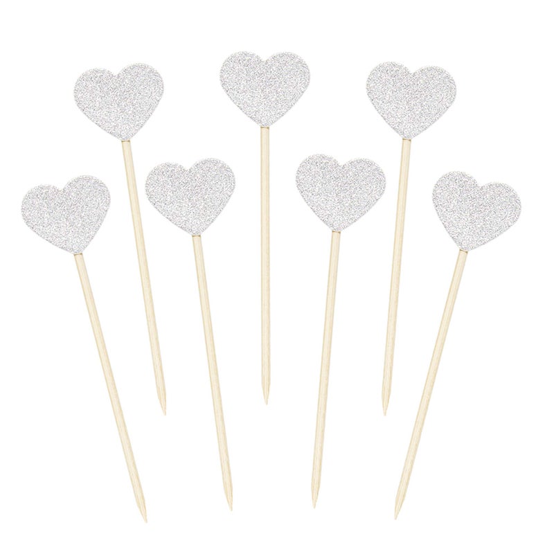 Ercadio Glitter Heart Cupcake Toppers Cupcake Picks for Love Theme Wedding Engagement Bridal Shower Party Cake Decoration 40 Pack Silver - Image 3